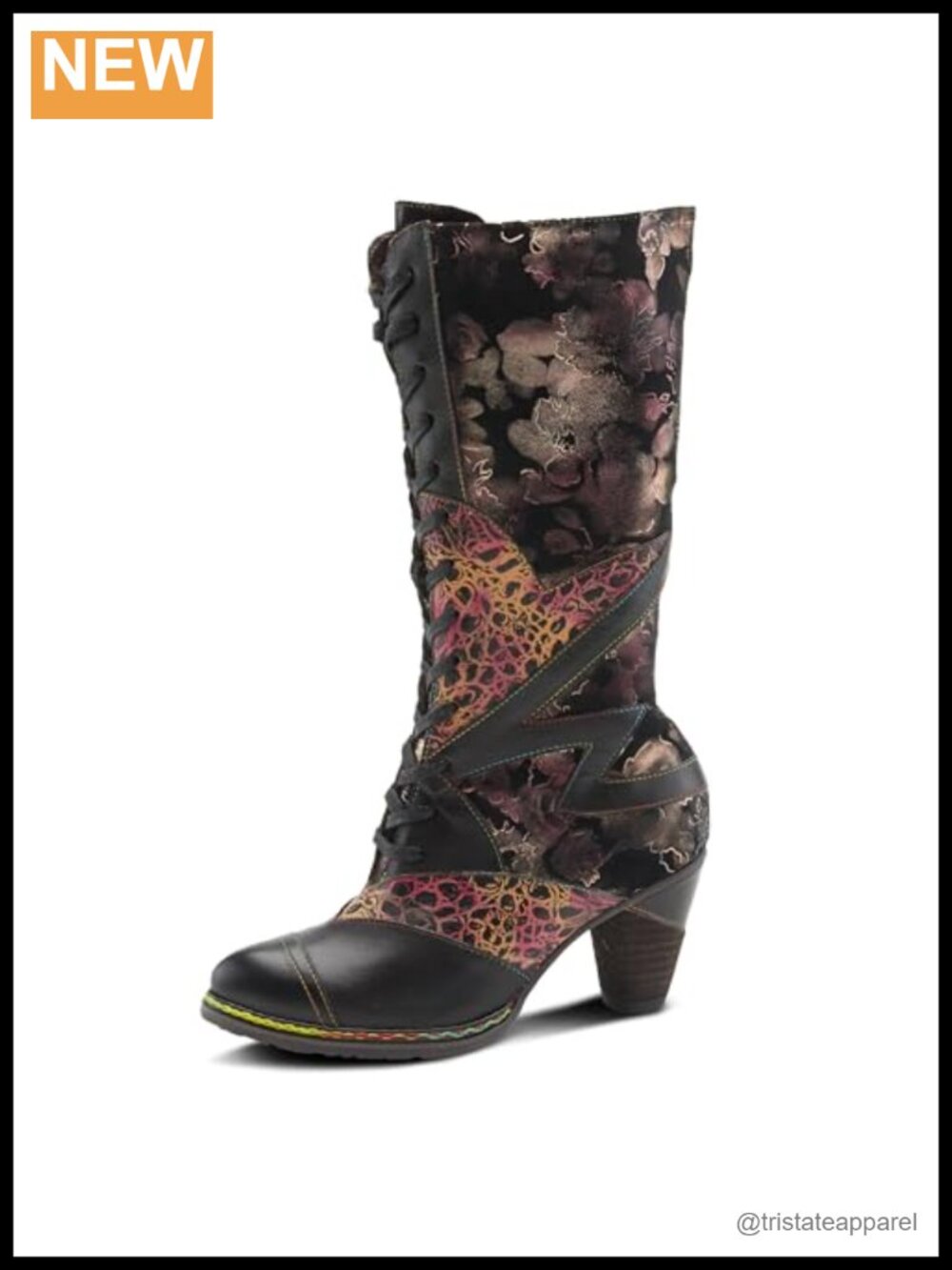 Hand-Painted Leather Lace-Up Boot with Faux Fur Lining & 2 1/2" Heel